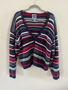 Women's Multicolor Striped V-Neck Cardigan Sweater 90s Nautical Ramie Cotton